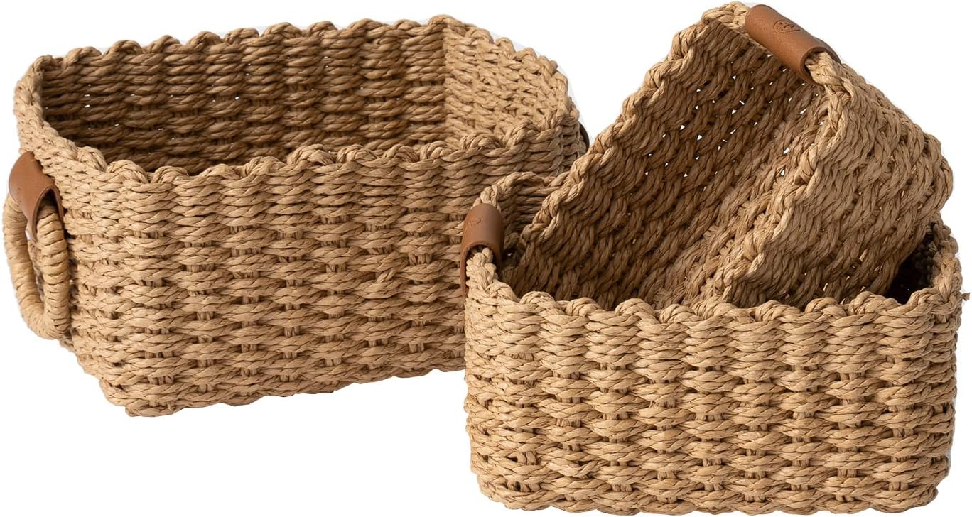 Small Wicker Baskets for Organizing, Recycled Paper Rope Storage Basket Container Bins for Shelves Bathroom Cupboards Drawer, Decorative Square Basket Organizer MissFlowery
