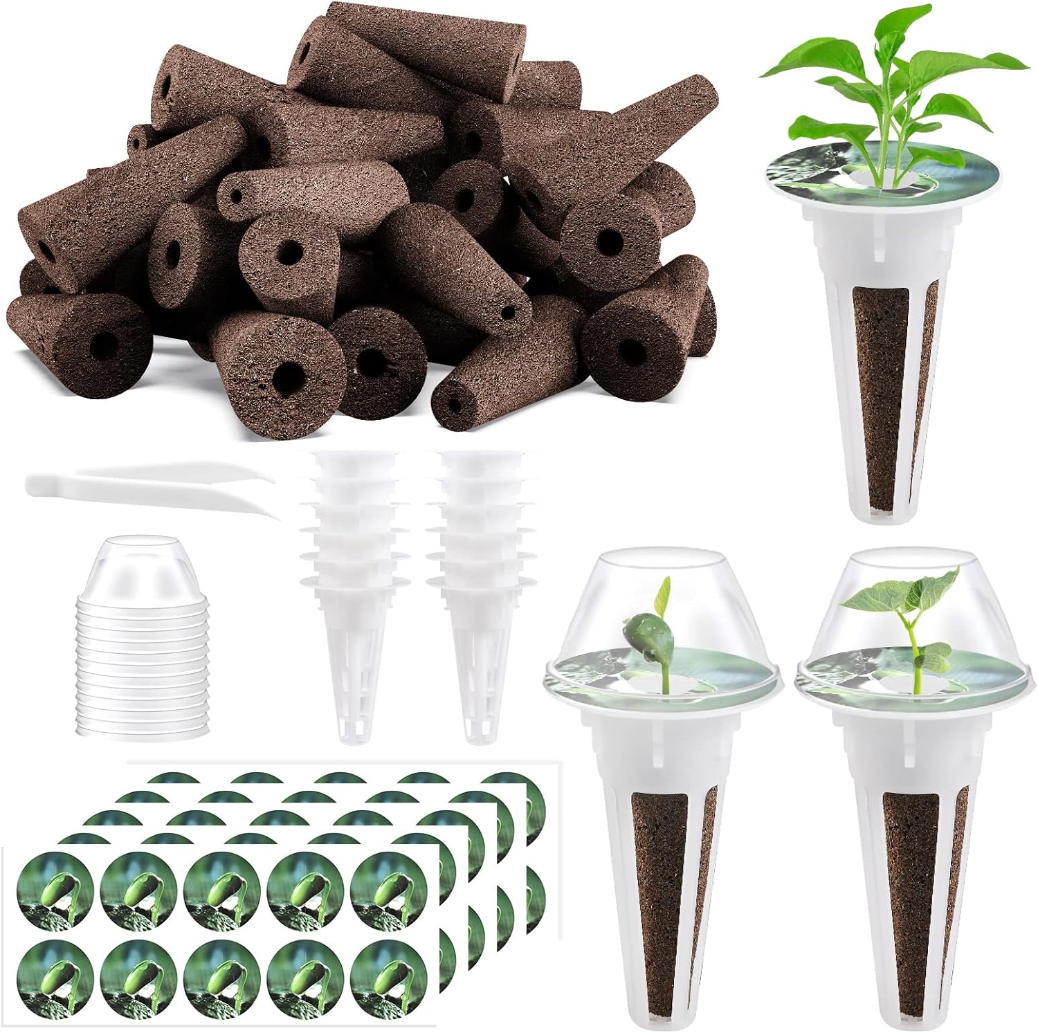 125 Piece Hydroponic Pods Kit: Grow Anything with 50 Grow Sponges, 12 Baskets, 12 Domes, 50 Labels, 1 Tweezer - Compatible with All Hydroponics Brands MissFlowery