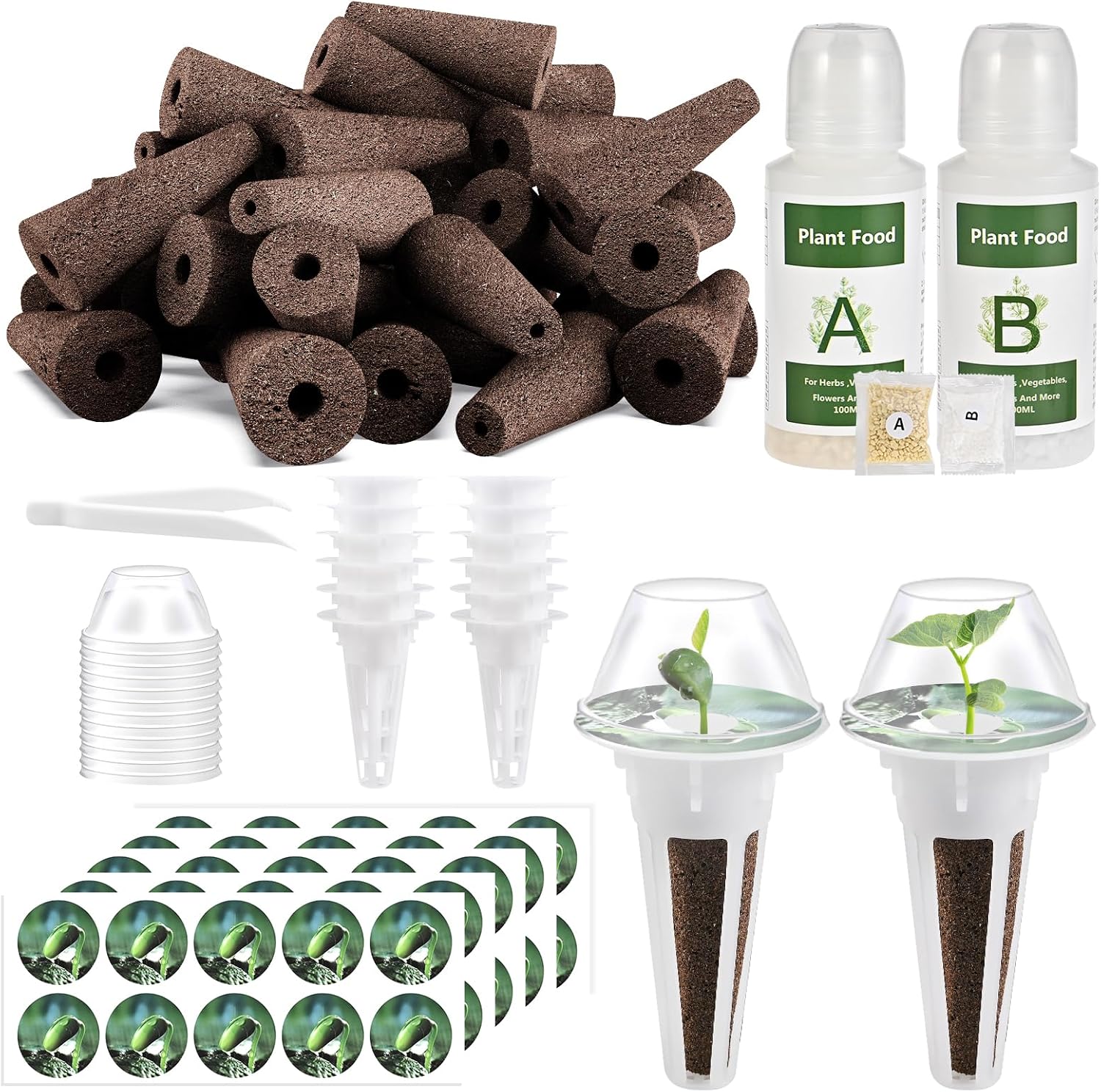 126 Piece Hydroponic Pods Kit: Grow Anything with 30 Grow Sponges, 30 Baskets, 30 Domes, 30 Labels, 4 A&B Plant Food, 1 Tweezer - Compatible with All Hydroponics Brands MissFlowery