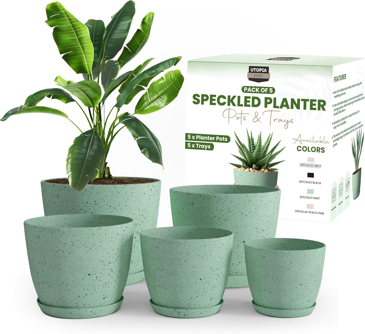 Miss Flowery- Plant Pots Indoor with Drainage - 7/6.6/6/5.3/4.8 Inches Garden Flower Pots for Indoor Planter - 5 Pack White Plastic Planters - Ideal for Stocking Stuffers or Room, Office Home Decor MissFlowery