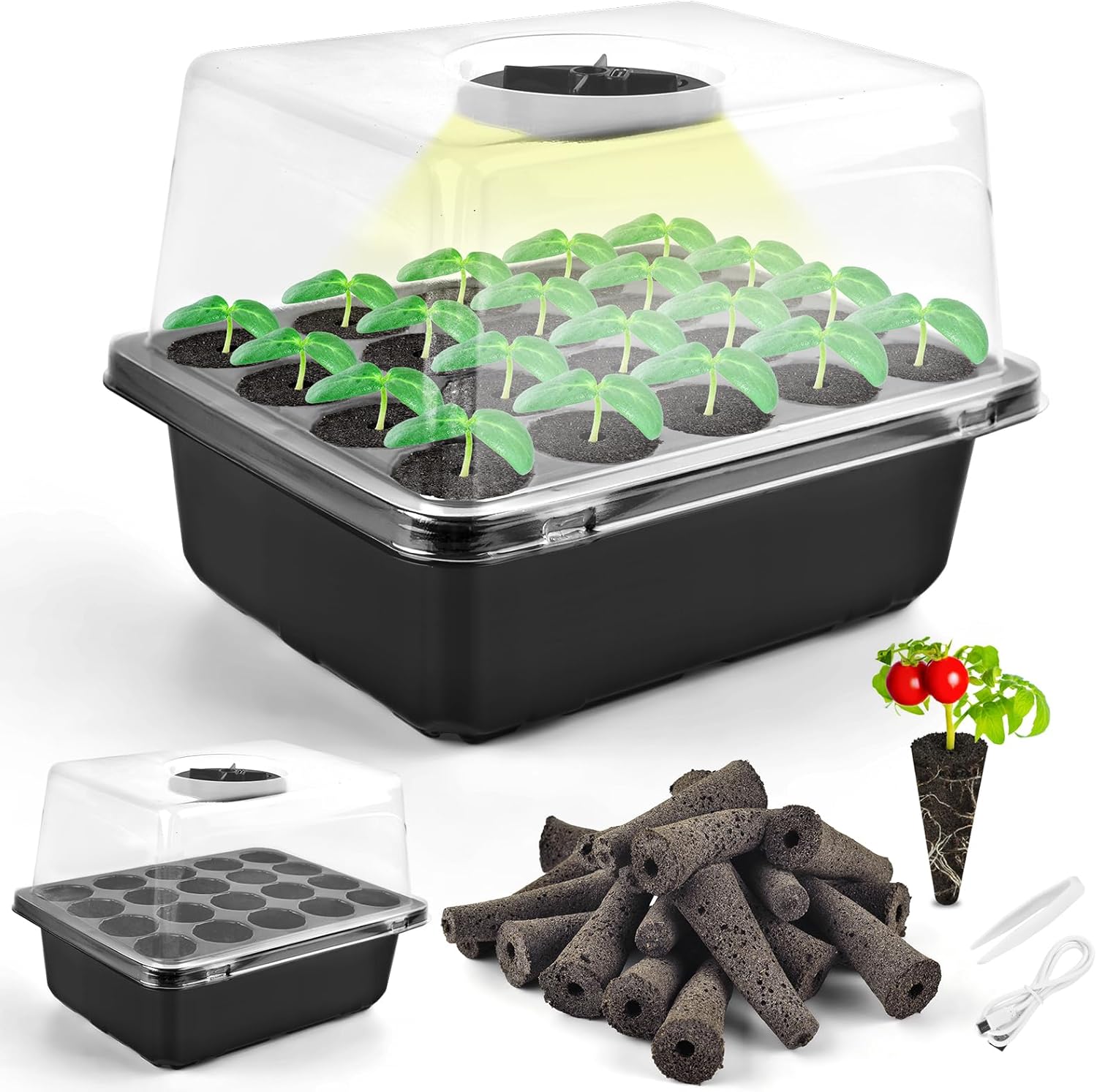 Seed Starter Tray with Grow Light, Seedling Starter Trays Kits Includes 20 Plant Sponges, Domes and Clear Cell Tray, 20 Cells Plant Trays for Plants Indoor & Greenhouse & Gardens MissFlowery