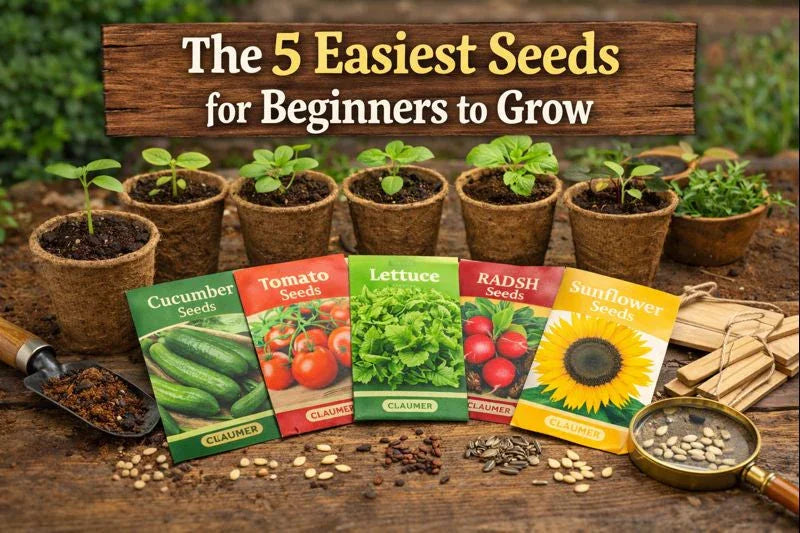 Beginner-friendly seed packets for cucumber, tomato, lettuce, radish, and sunflower with seedlings