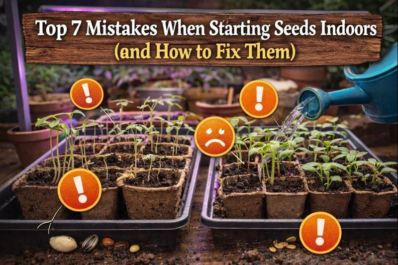 Seedlings in trays being watered indoors with gardening mistake icons, Miss Flowery garden tips