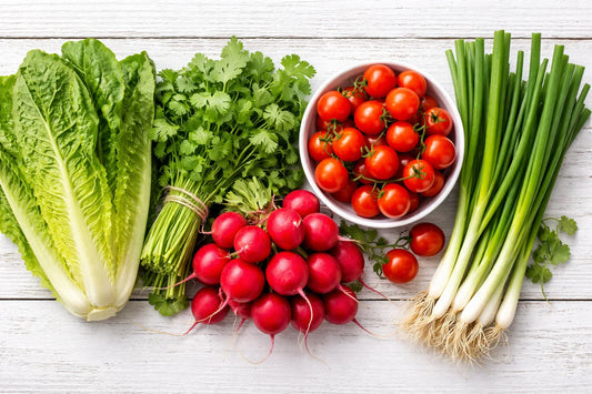 Fresh romaine lettuce, cilantro, radishes, cherry tomatoes, and green onions on a white table