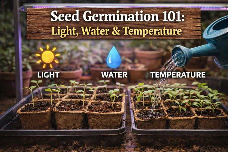Seed germination basics with seedlings in pots, highlighting light, water, and temperature care.