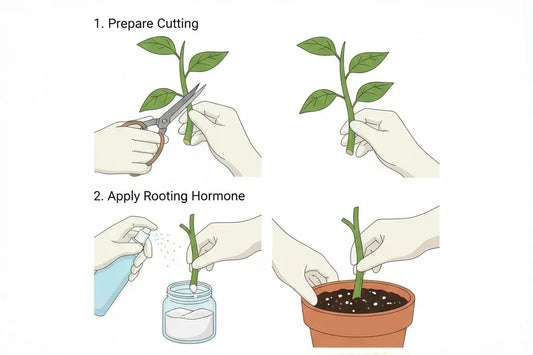 Step-by-step illustration showing plant propagation with cutting, rooting hormone, and soil pot, for Miss Flowery beginner gardening.