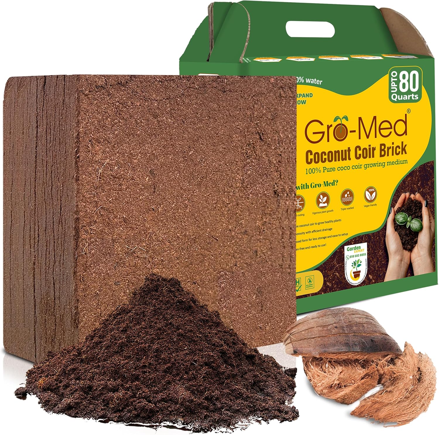 Coco Coir Brick 10 lbs – Expands to 80 Quarts – NPK Enriched Organic Coconut Coir – Potting Soil for Indoor Outdoor Plants, Seed Starter, Vegetables, Mushrooms, Gardening Use 10LB MissFlowery