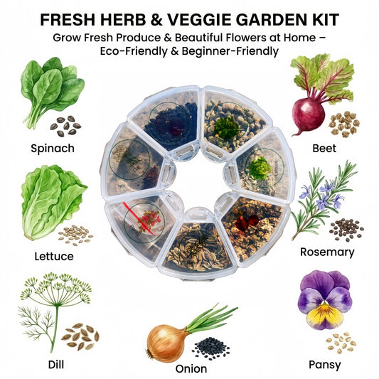 Miss Flowery fresh herb and veggie garden kit with seeds for spinach, lettuce, beet, rosemary, dill, onion, and pansy, beginner-friendly gardening supplies.