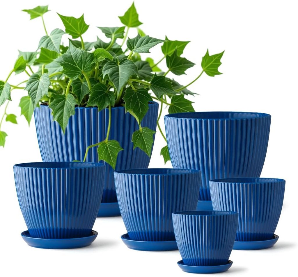 7.5/6.5/5.5/4.9/4.2/3.5 Inch Plant Pots with Saucers & Drain Holes - Indoor/Outdoor Flower Pots for Succulents, Herbs, Cactus - Modern Lightweight Durable Planter Set, Blue MissFlowery