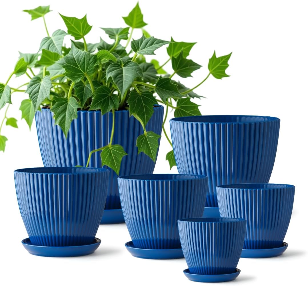 7.5/6.5/5.5/4.9/4.2/3.5 Inch Plant Pots with Saucers & Drain Holes - Indoor/Outdoor Flower Pots for Succulents, Herbs, Cactus - Modern Lightweight Durable Planter Set, Blue MissFlowery