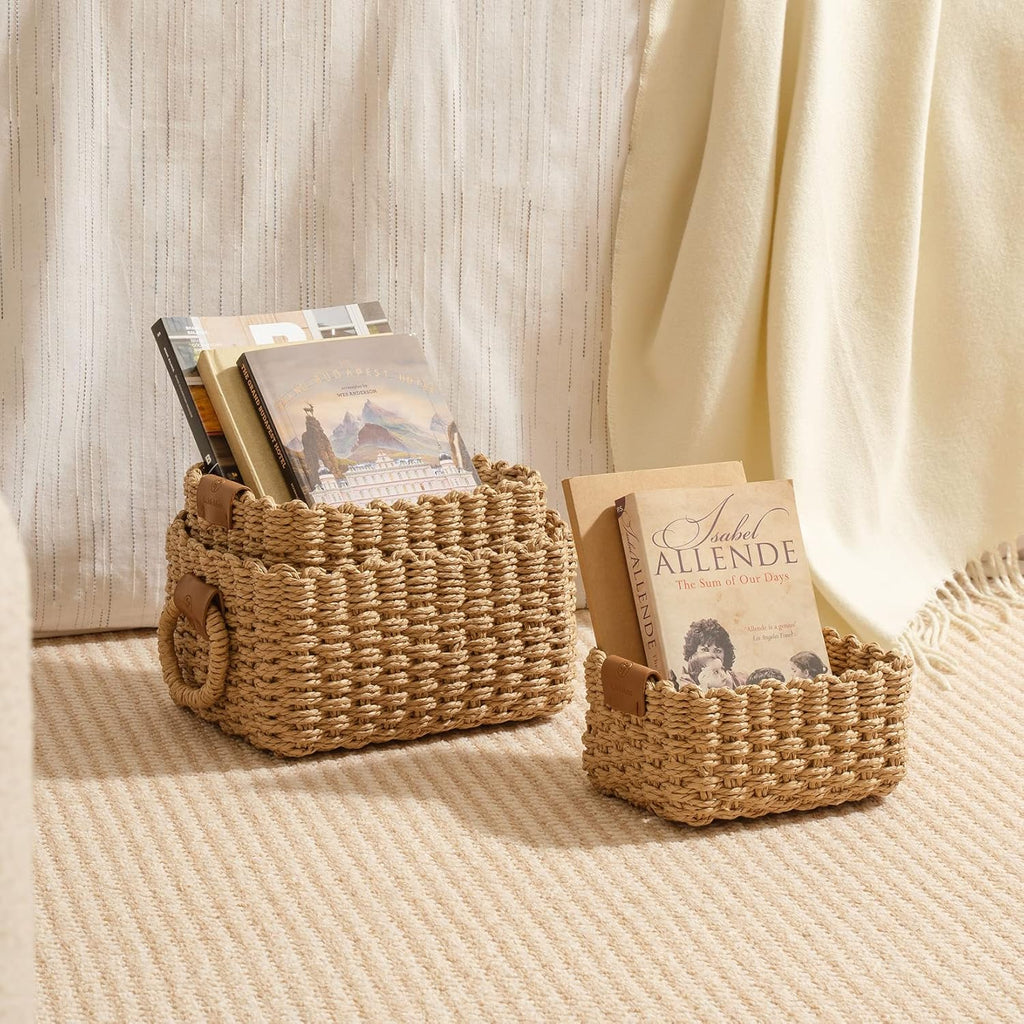 Small Wicker Baskets for Organizing, Recycled Paper Rope Storage Basket Container Bins for Shelves Bathroom Cupboards Drawer, Decorative Square Basket Organizer MissFlowery