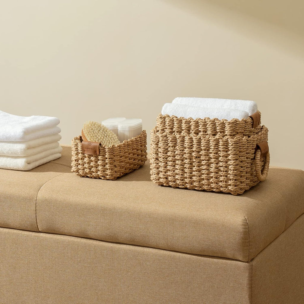 Small Wicker Baskets for Organizing, Recycled Paper Rope Storage Basket Container Bins for Shelves Bathroom Cupboards Drawer, Decorative Square Basket Organizer MissFlowery