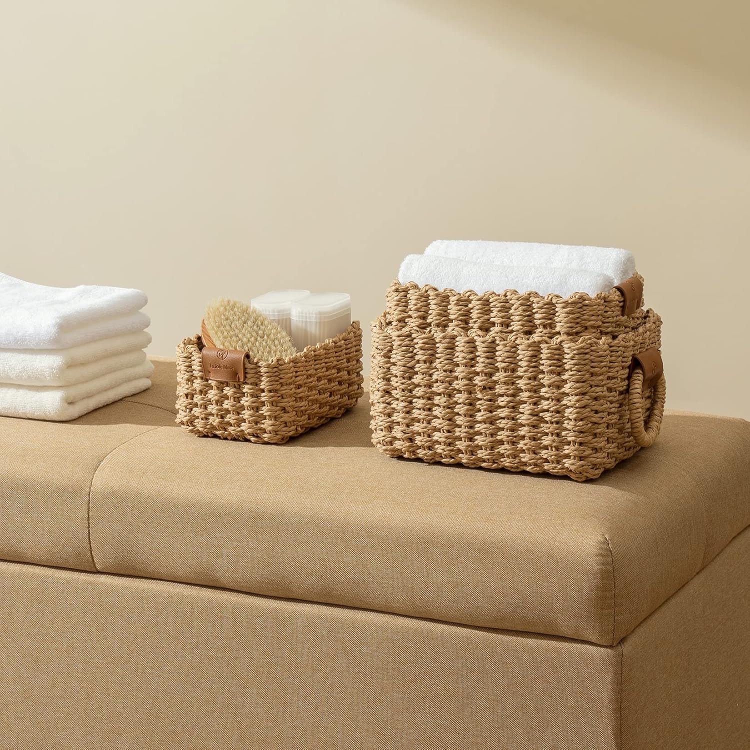 Small Wicker Baskets for Organizing, Recycled Paper Rope Storage Basket Container Bins for Shelves Bathroom Cupboards Drawer, Decorative Square Basket Organizer MissFlowery