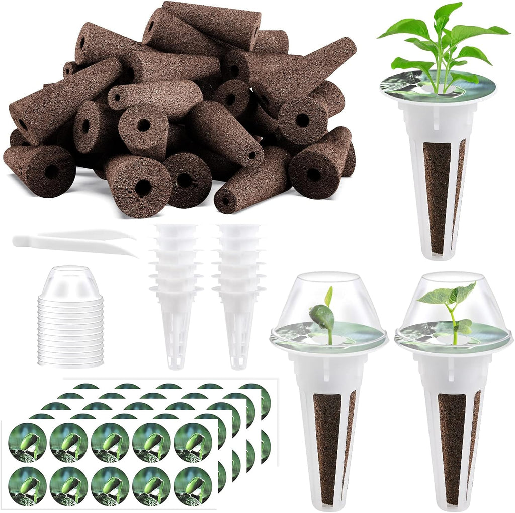 125 Piece Hydroponic Pods Kit: Grow Anything with 50 Grow Sponges, 12 Baskets, 12 Domes, 50 Labels, 1 Tweezer - Compatible with All Hydroponics Brands MissFlowery