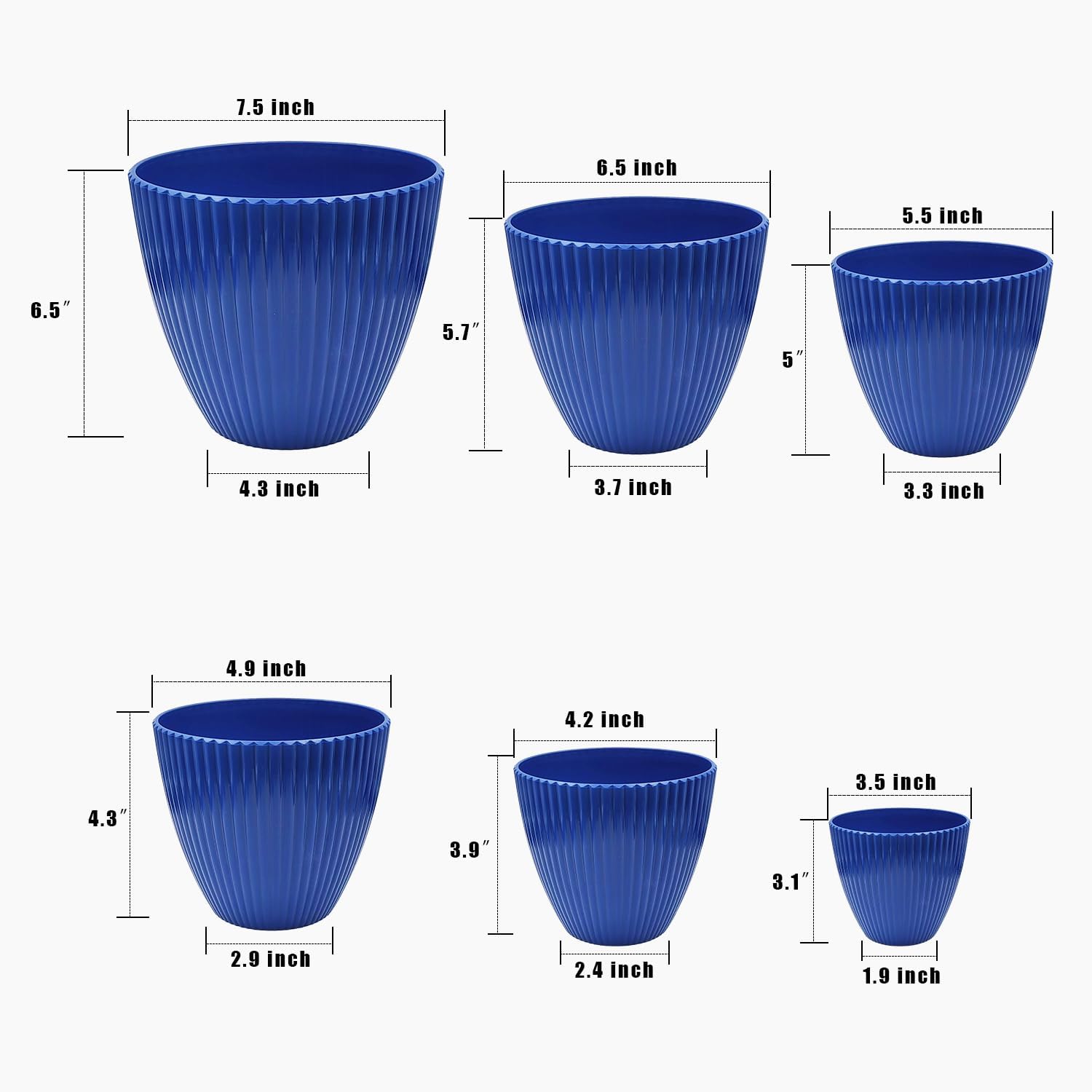 7.5/6.5/5.5/4.9/4.2/3.5 Inch Plant Pots with Saucers & Drain Holes - Indoor/Outdoor Flower Pots for Succulents, Herbs, Cactus - Modern Lightweight Durable Planter Set, Blue MissFlowery