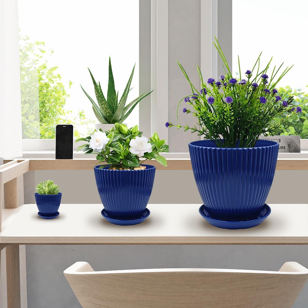 7.5/6.5/5.5/4.9/4.2/3.5 Inch Plant Pots with Saucers & Drain Holes - Indoor/Outdoor Flower Pots for Succulents, Herbs, Cactus - Modern Lightweight Durable Planter Set, Blue MissFlowery