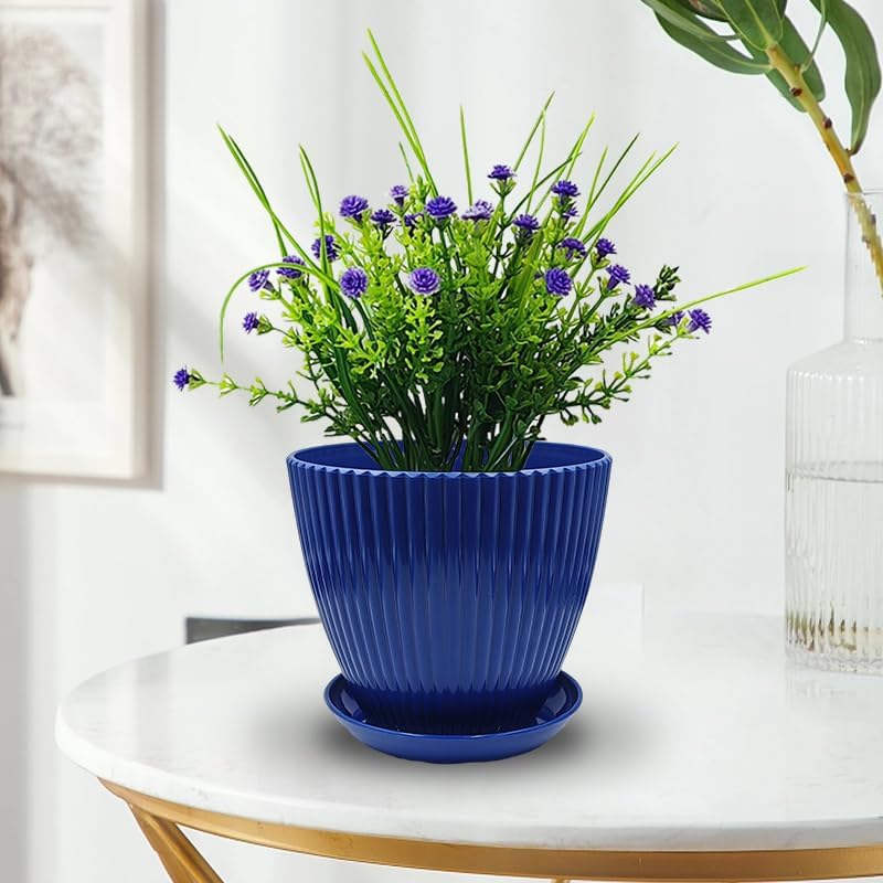 7.5/6.5/5.5/4.9/4.2/3.5 Inch Plant Pots with Saucers & Drain Holes - Indoor/Outdoor Flower Pots for Succulents, Herbs, Cactus - Modern Lightweight Durable Planter Set, Blue MissFlowery