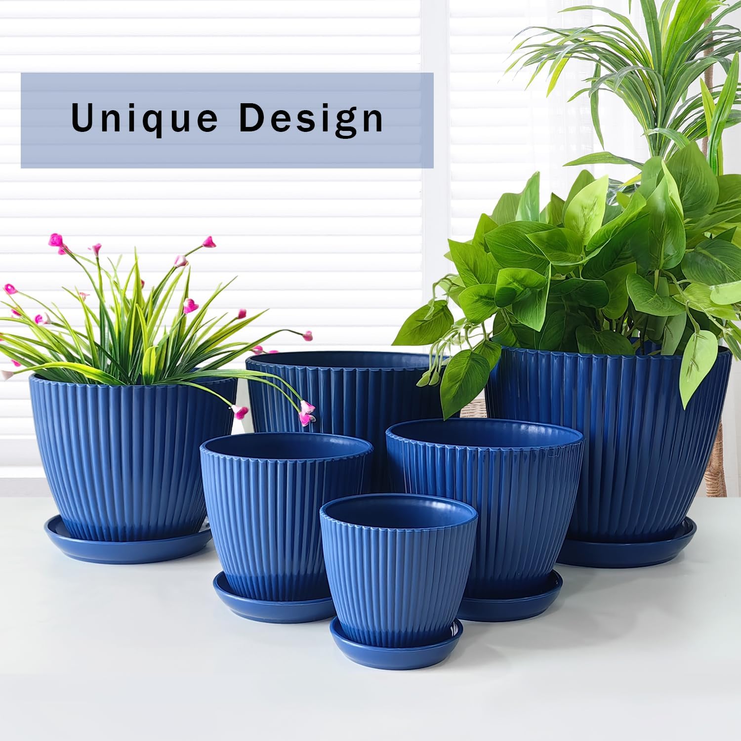 7.5/6.5/5.5/4.9/4.2/3.5 Inch Plant Pots with Saucers & Drain Holes - Indoor/Outdoor Flower Pots for Succulents, Herbs, Cactus - Modern Lightweight Durable Planter Set, Blue MissFlowery