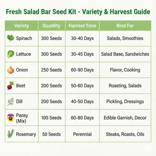 Miss Flowery Fresh Salad Bar Seed Kit guide table showing seed varieties, quantities, harvest times, and uses.