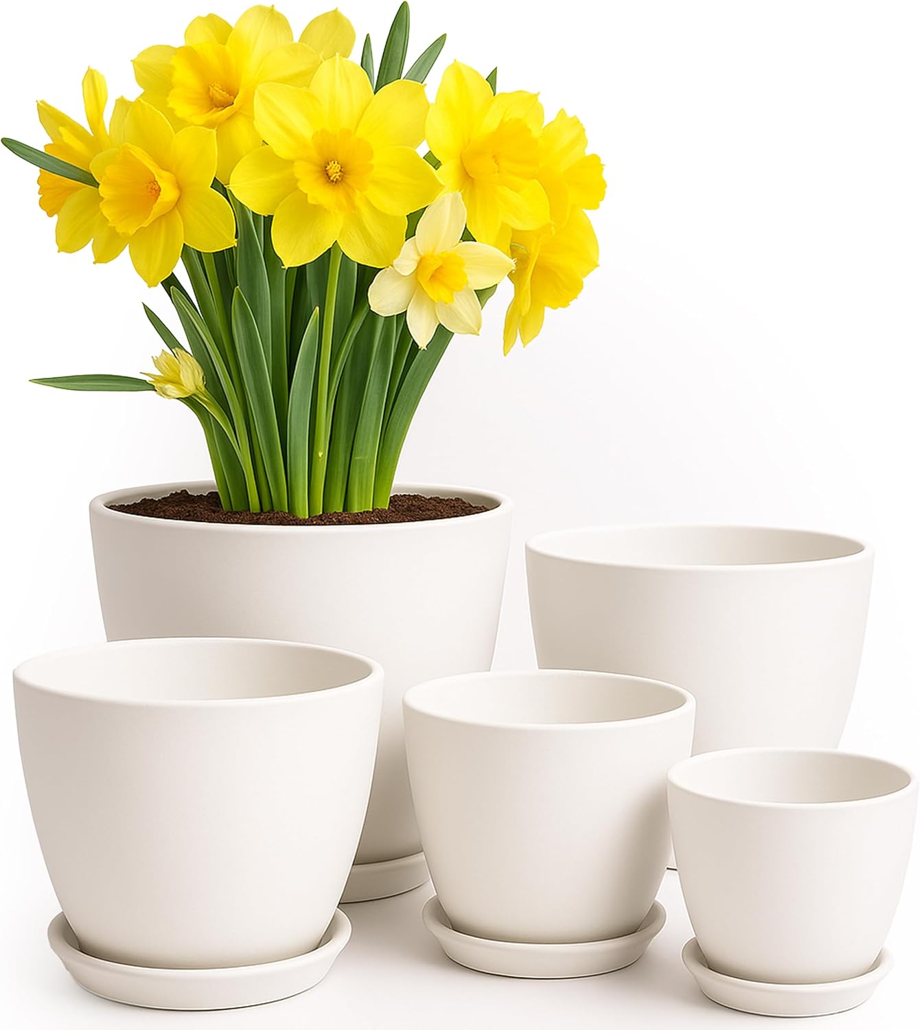 Miss Flowery- Plant Pots Indoor with Drainage - 7/6.6/6/5.3/4.8 Inches Garden Flower Pots for Indoor Planter - 5 Pack White Plastic Planters - Ideal for Stocking Stuffers or Room, Office Home Decor MissFlowery