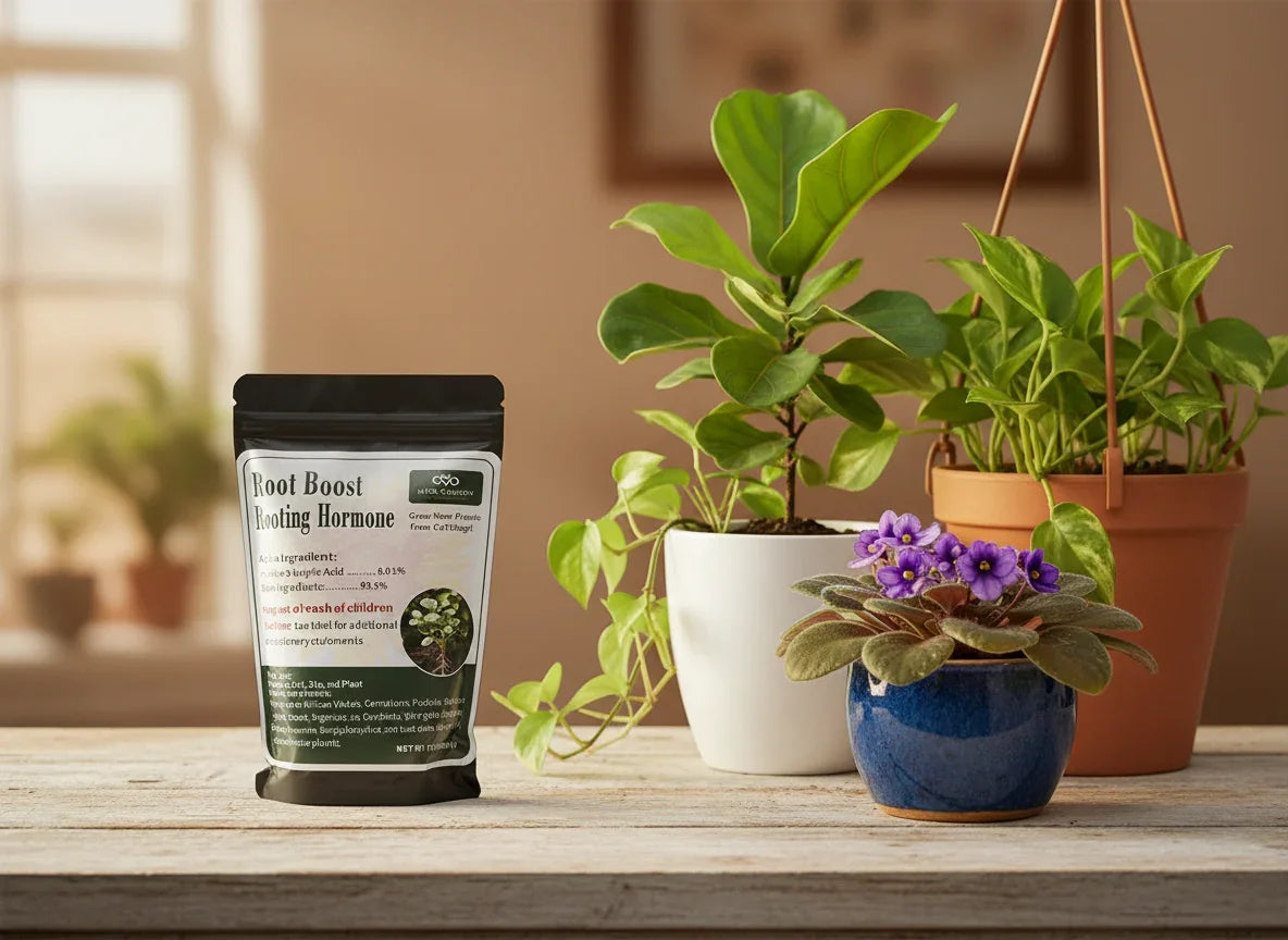Root Boost Rooting Hormone pouch on a wooden table with potted houseplants, including African violet and fiddle leaf fig, ideal for home gardening with Miss Flowery supplies.