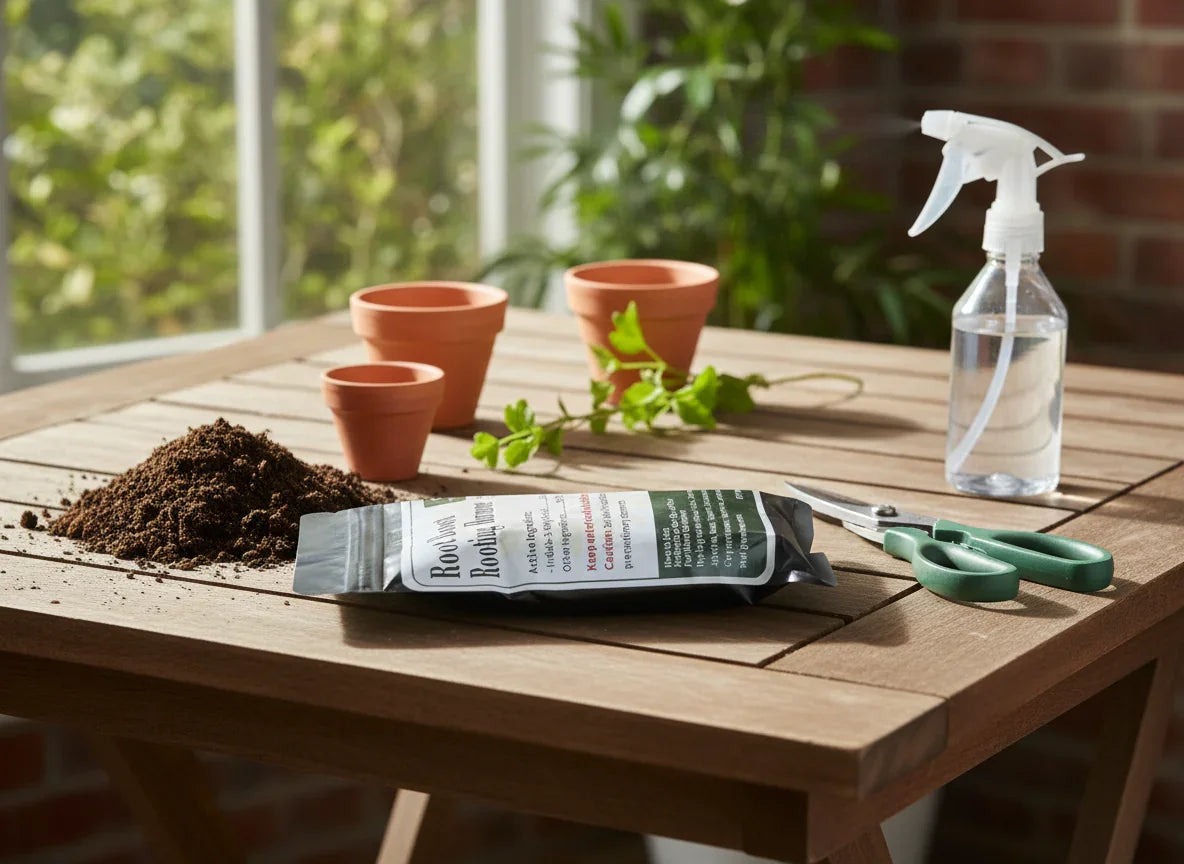 Beginner gardening supplies with soil, root booster, pots, scissors, and spray bottle on wooden table