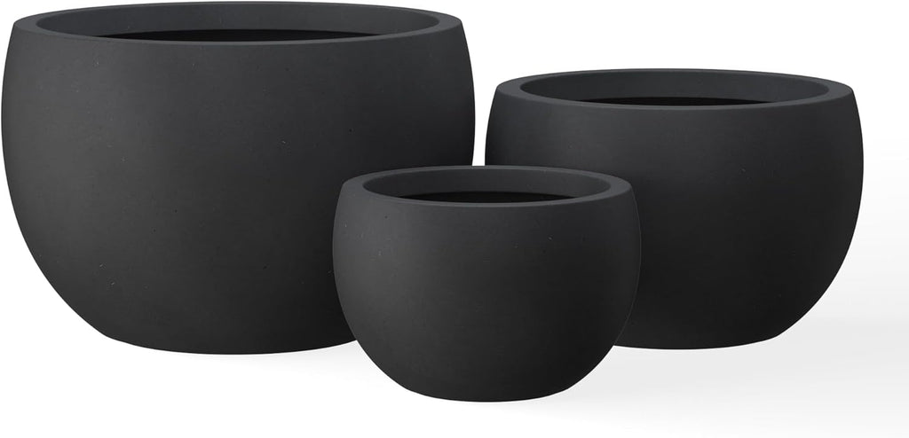 19.9",15.7",11.8" Dia Round Concrete Planter Set of 3, Outdoor/Indoor Large Bowl Plant Pots with Drainage Hole and Rubber Plug for Garden Patio Balcony Home, Black MissFlowery