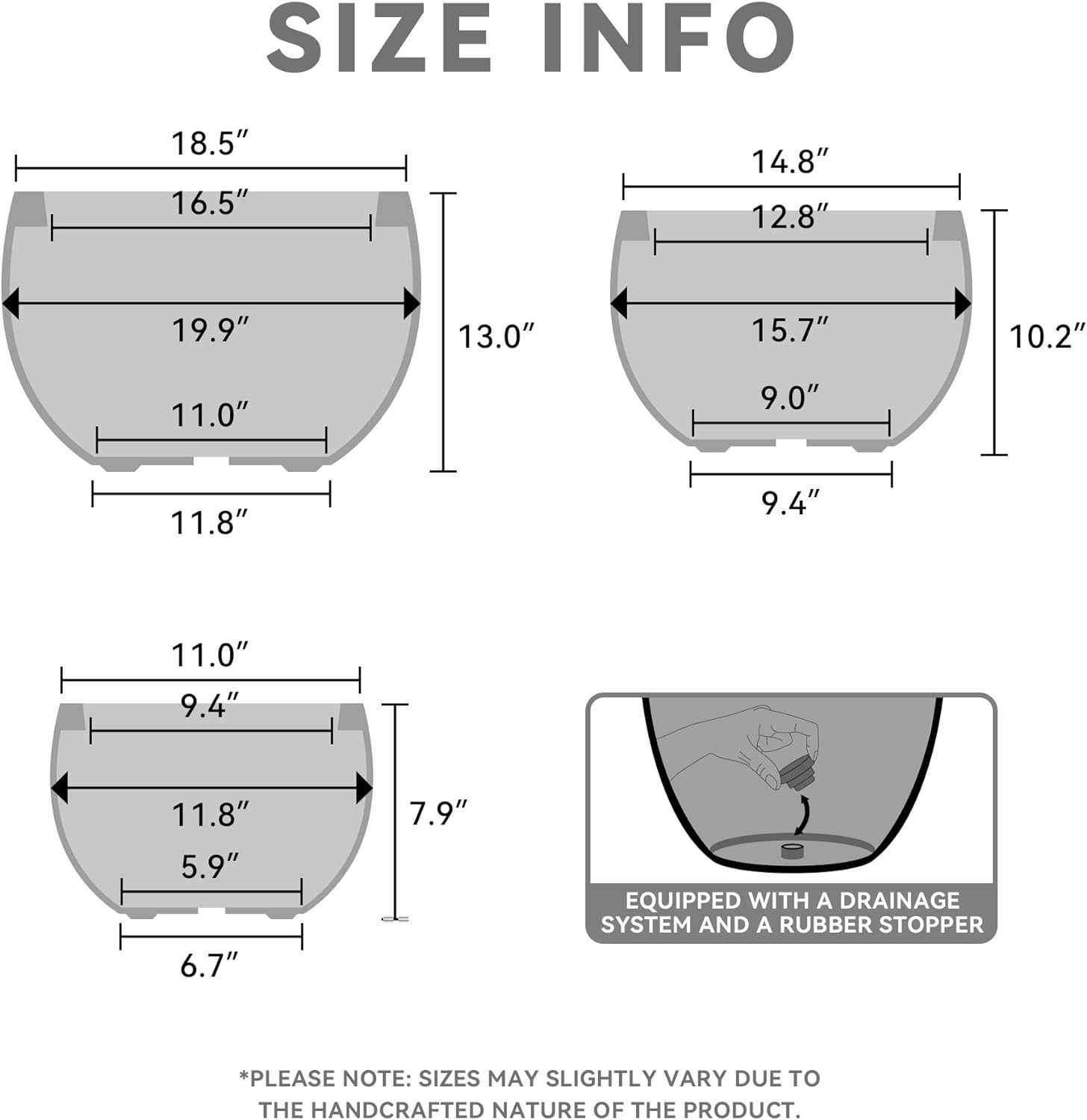 19.9",15.7",11.8" Dia Round Concrete Planter Set of 3, Outdoor/Indoor Large Bowl Plant Pots with Drainage Hole and Rubber Plug for Garden Patio Balcony Home, Black MissFlowery