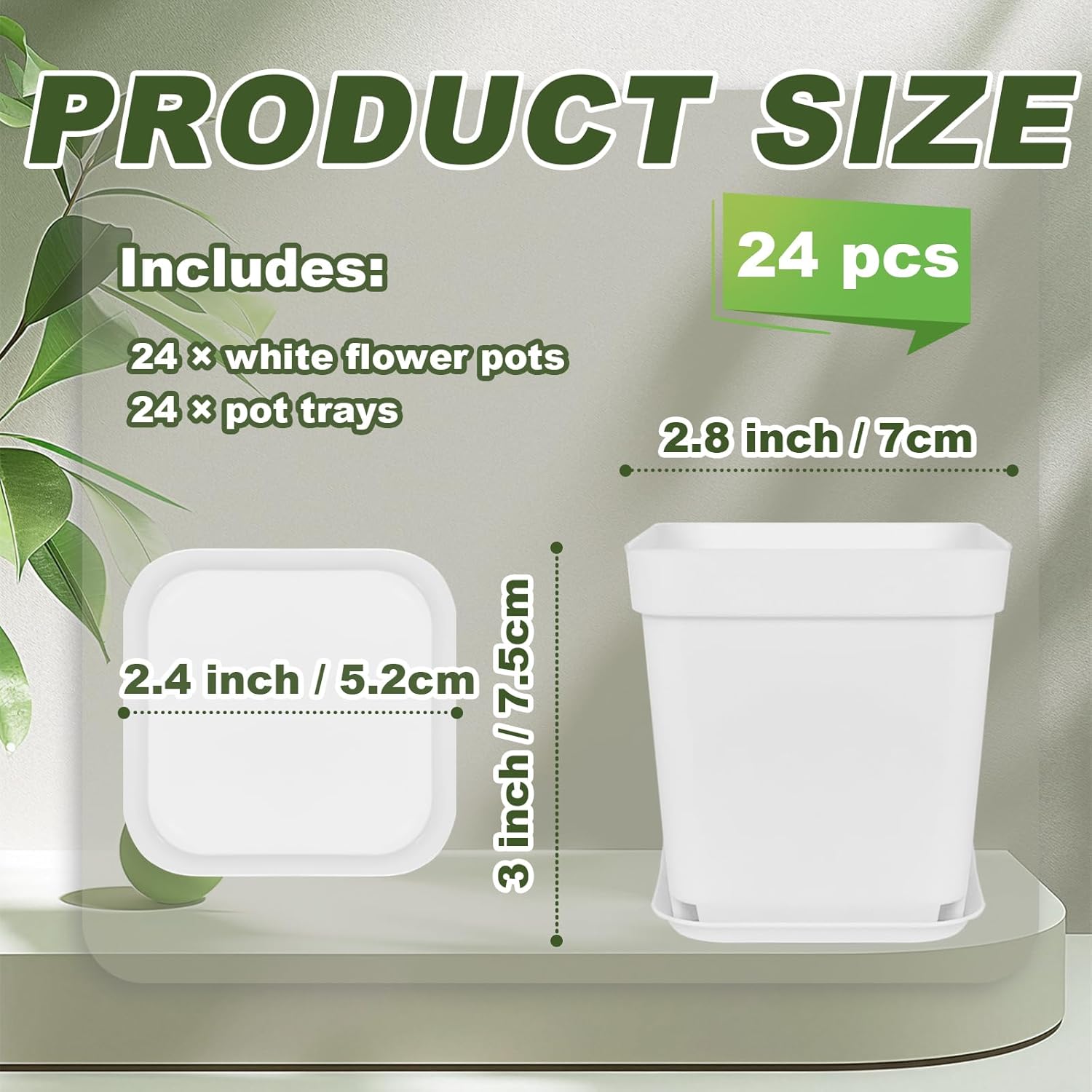 Miss Flowery 24Pcs 3" Square Plastic Plant Pots,White Nursery Pots with Saucers,Seedling Nursery Transplanting Planter Container for Plants,Garden,Flower,Home,Office,Balcony Decor,Indoor,Outdoor MissFlowery