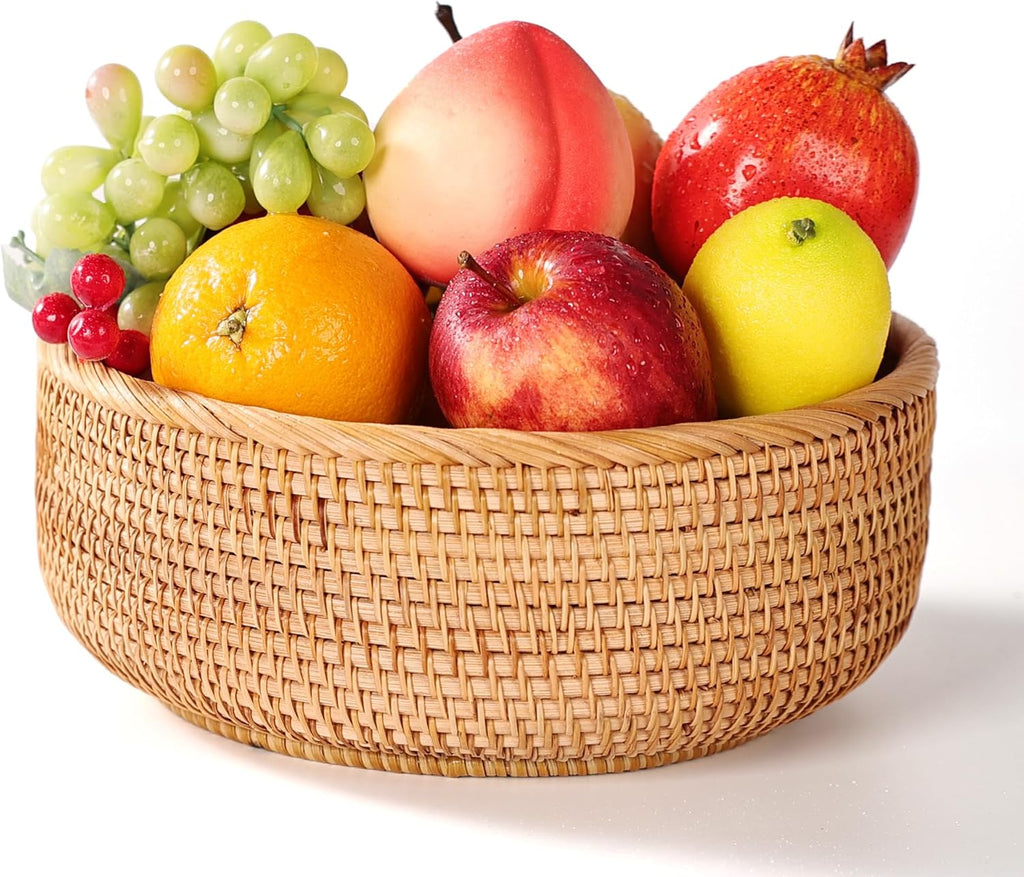 Honey Brown Natural Rattan Bread Basket Set of 3 - Handwoven Round Wicker Serving Bowls for Fruit, Snacks, Kitchen Counter Organizing | Stackable Farmhouse Decor MissFlowery