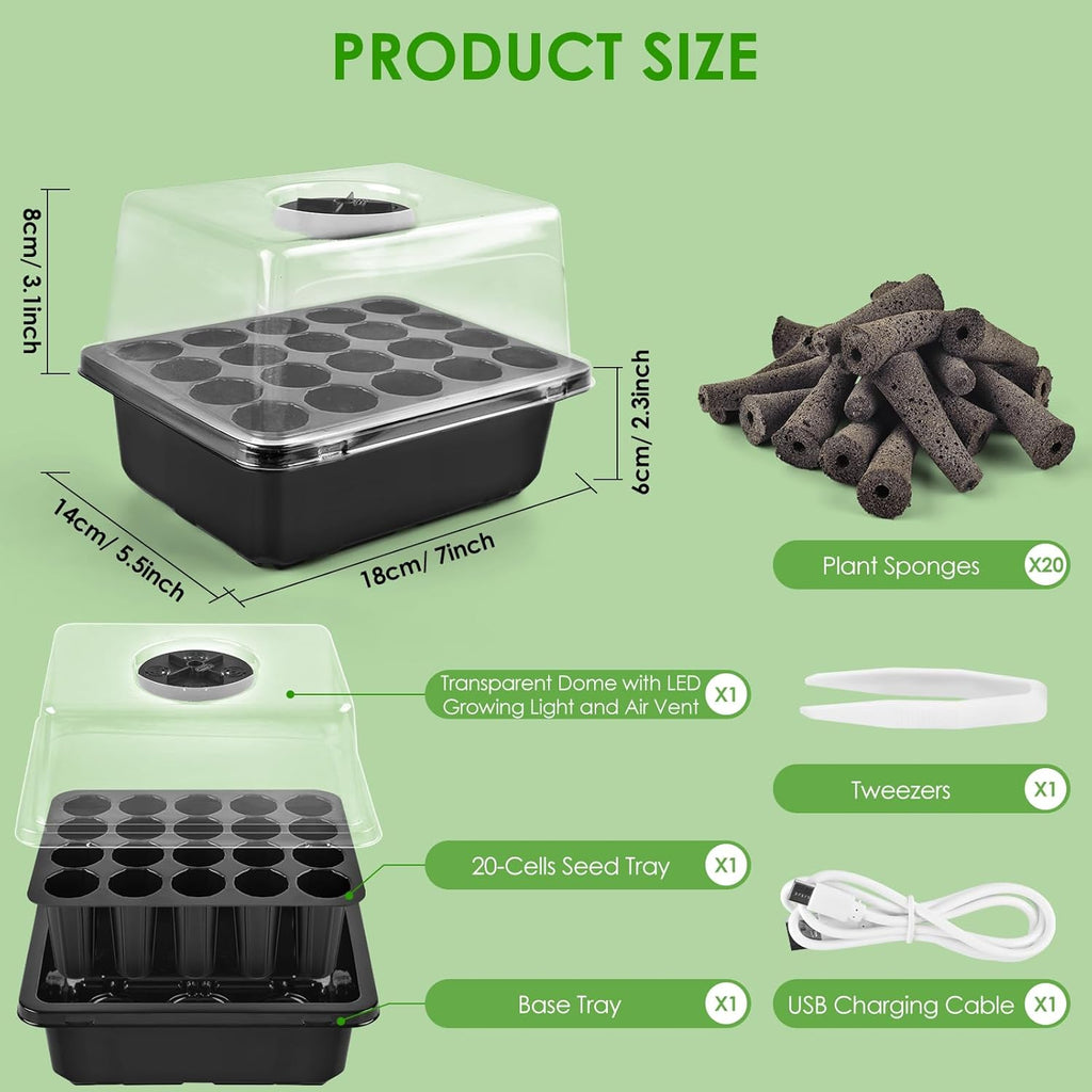 Seed Starter Tray with Grow Light, Seedling Starter Trays Kits Includes 20 Plant Sponges, Domes and Clear Cell Tray, 20 Cells Plant Trays for Plants Indoor & Greenhouse & Gardens MissFlowery
