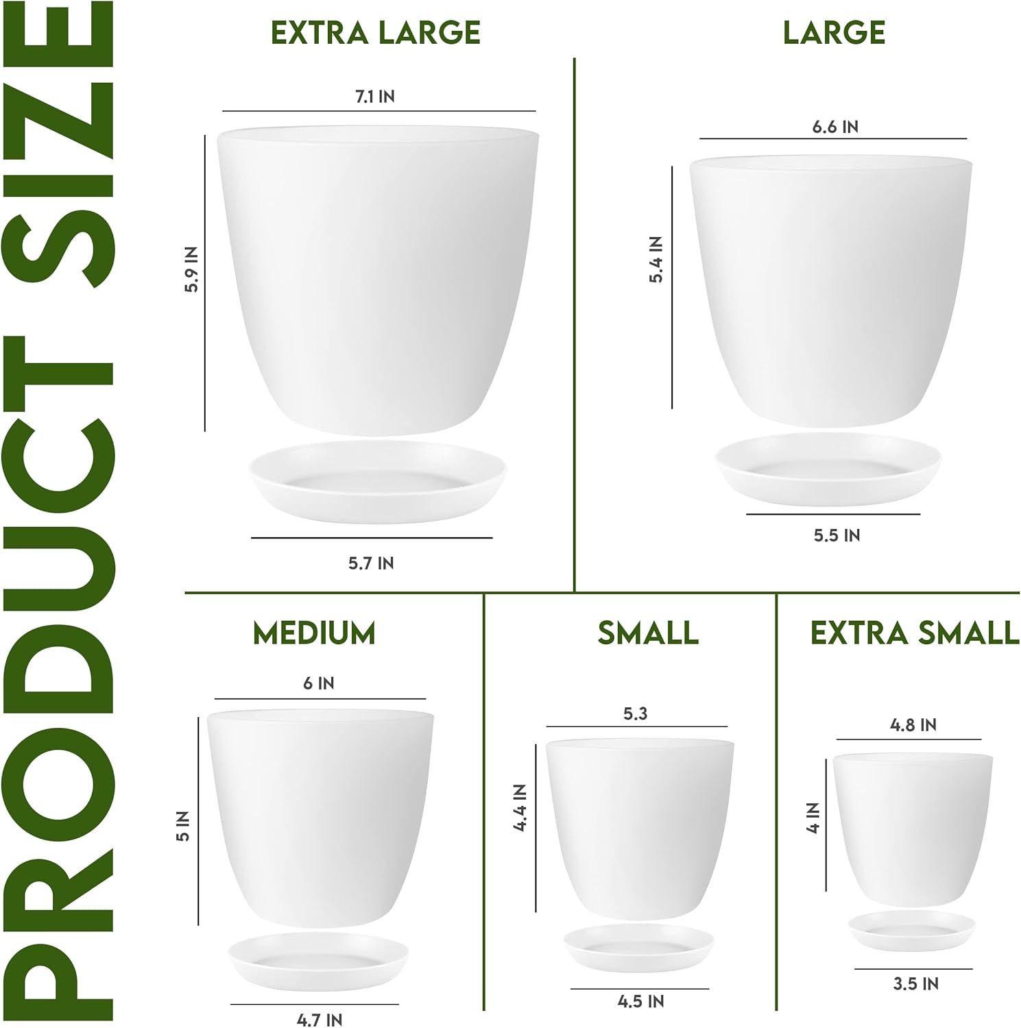 Miss Flowery- Plant Pots Indoor with Drainage - 7/6.6/6/5.3/4.8 Inches Garden Flower Pots for Indoor Planter - 5 Pack White Plastic Planters - Ideal for Stocking Stuffers or Room, Office Home Decor MissFlowery