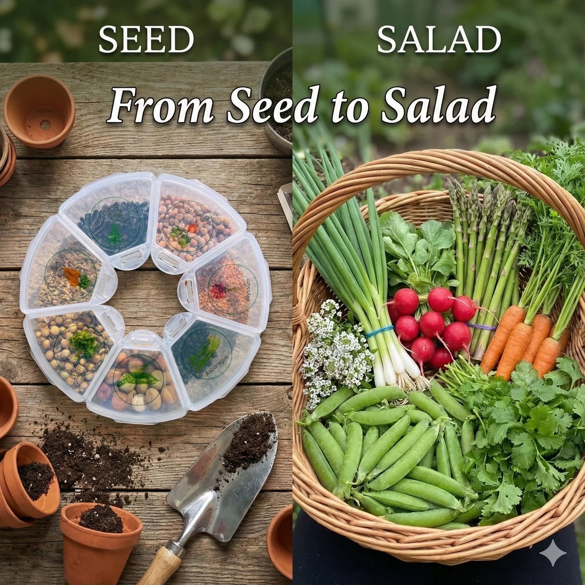 Seed starter kit with gardening tools beside fresh salad vegetables in a basket, Miss Flowery
