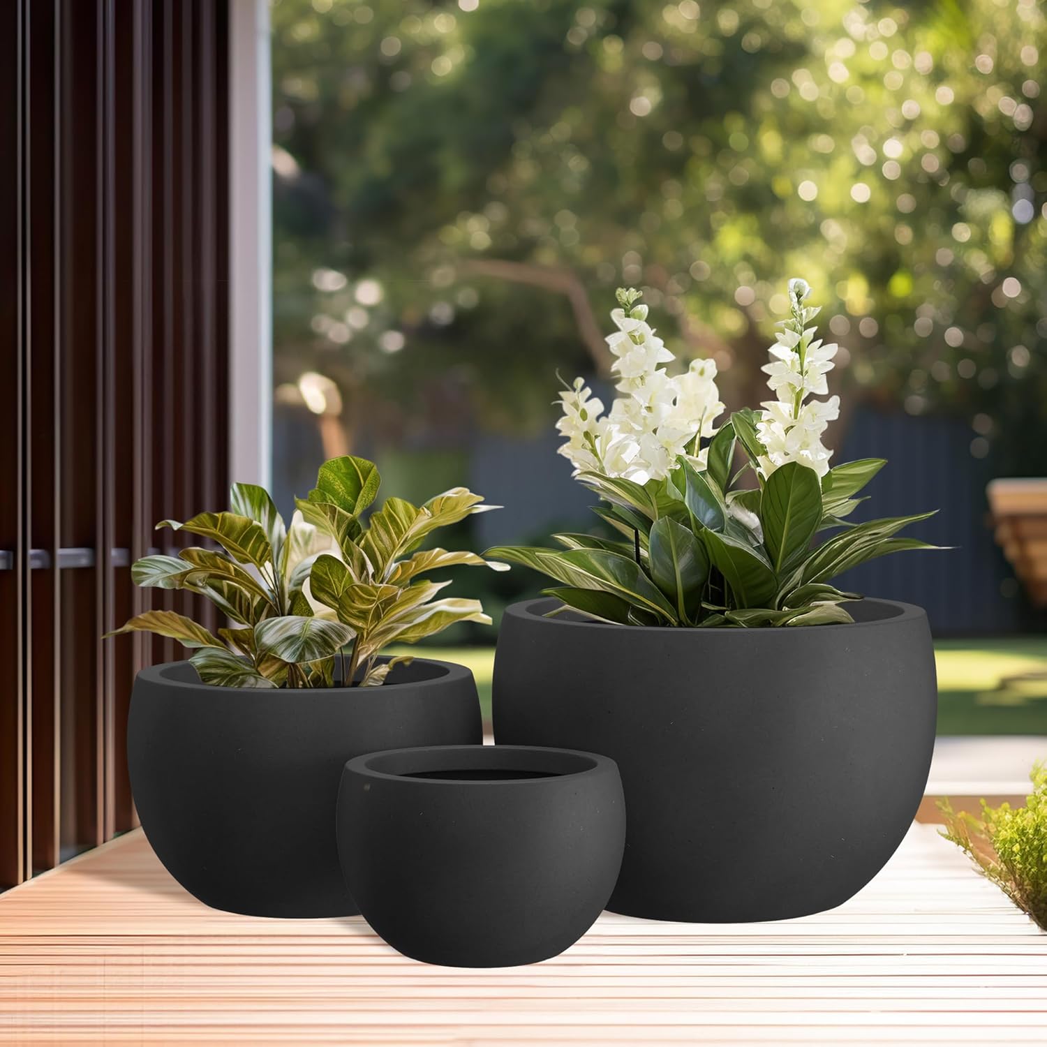 19.9",15.7",11.8" Dia Round Concrete Planter Set of 3, Outdoor/Indoor Large Bowl Plant Pots with Drainage Hole and Rubber Plug for Garden Patio Balcony Home, Black MissFlowery