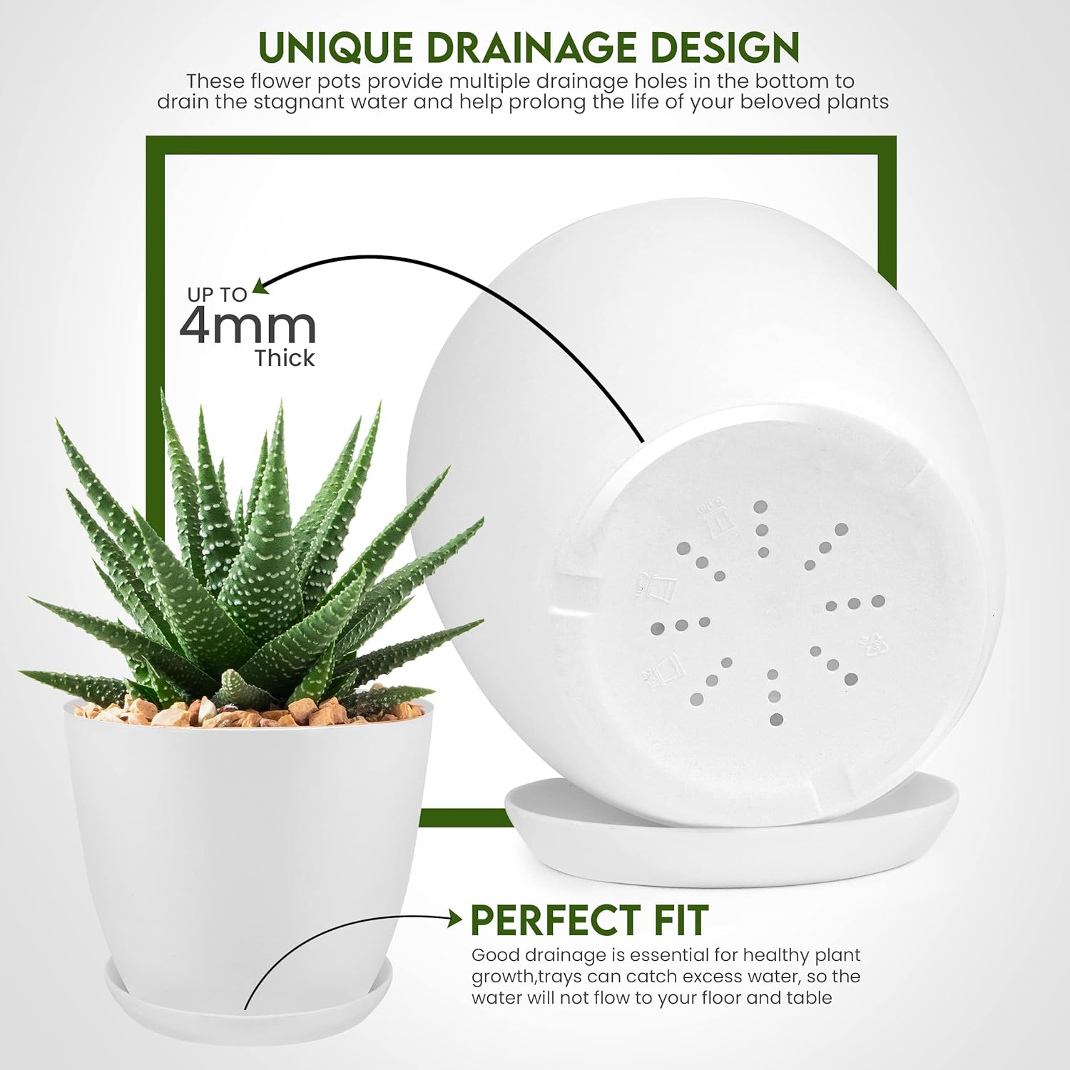 Miss Flowery- Plant Pots Indoor with Drainage - 7/6.6/6/5.3/4.8 Inches Garden Flower Pots for Indoor Planter - 5 Pack White Plastic Planters - Ideal for Stocking Stuffers or Room, Office Home Decor MissFlowery
