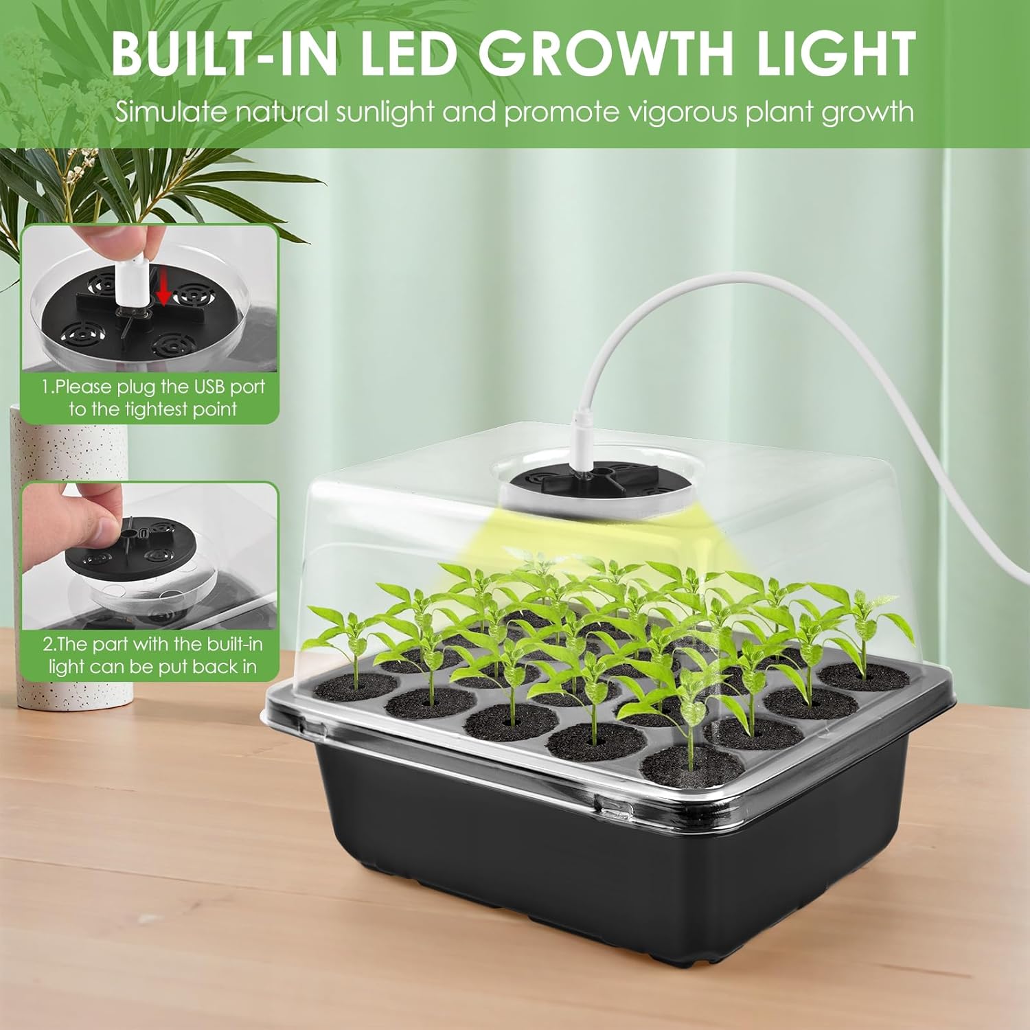 Seed Starter Tray with Grow Light, Seedling Starter Trays Kits Includes 20 Plant Sponges, Domes and Clear Cell Tray, 20 Cells Plant Trays for Plants Indoor & Greenhouse & Gardens MissFlowery