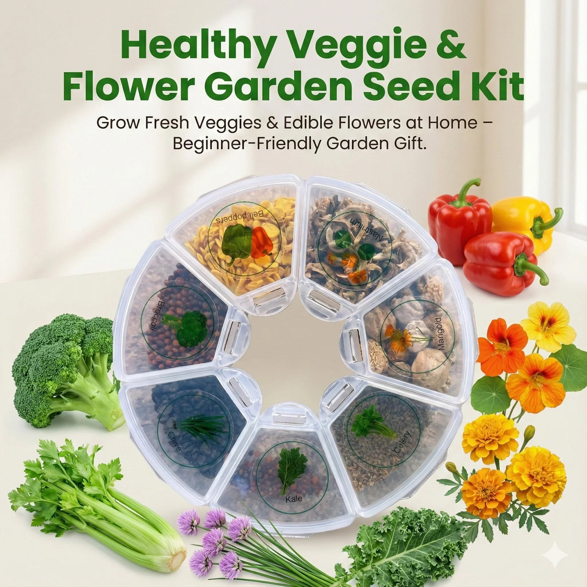 Miss Flowery veggie and flower garden seed kit with labeled seed containers, fresh vegetables, and flowers.
