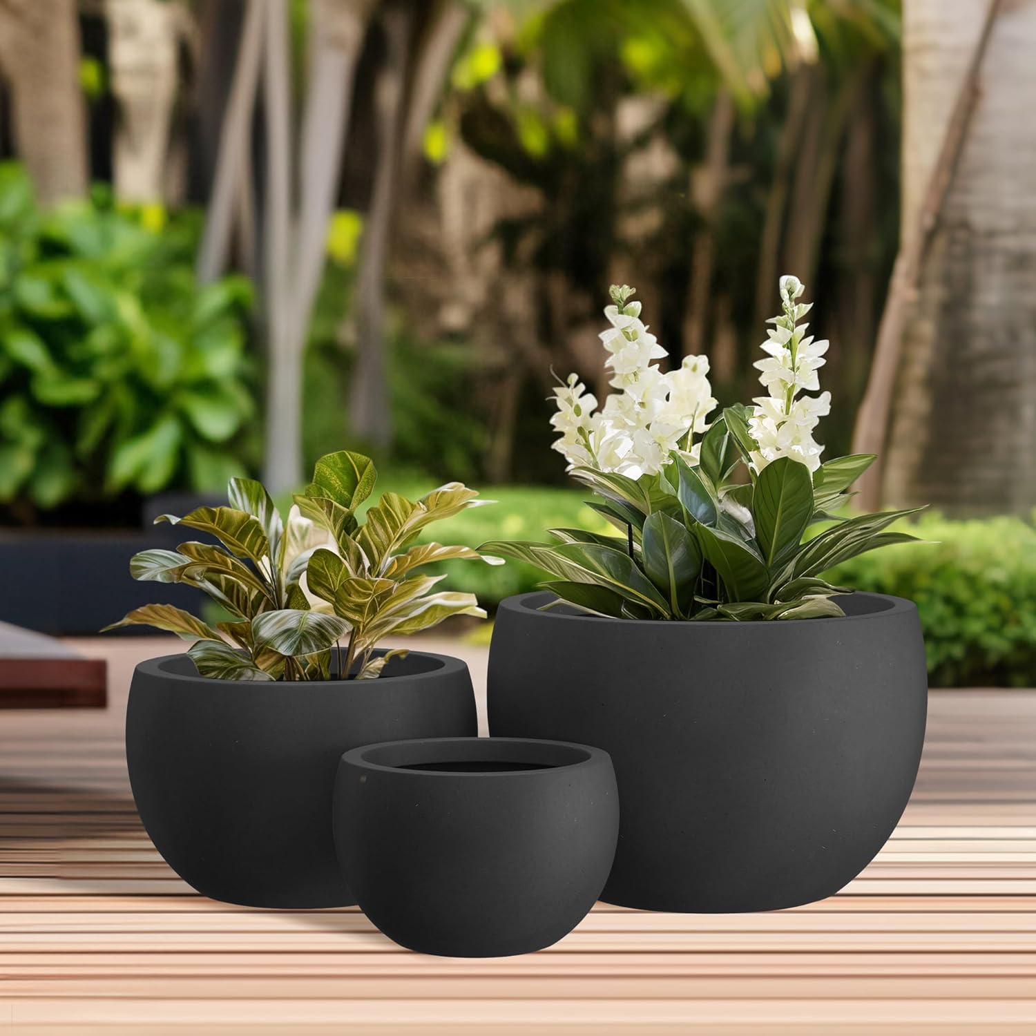 19.9",15.7",11.8" Dia Round Concrete Planter Set of 3, Outdoor/Indoor Large Bowl Plant Pots with Drainage Hole and Rubber Plug for Garden Patio Balcony Home, Black MissFlowery