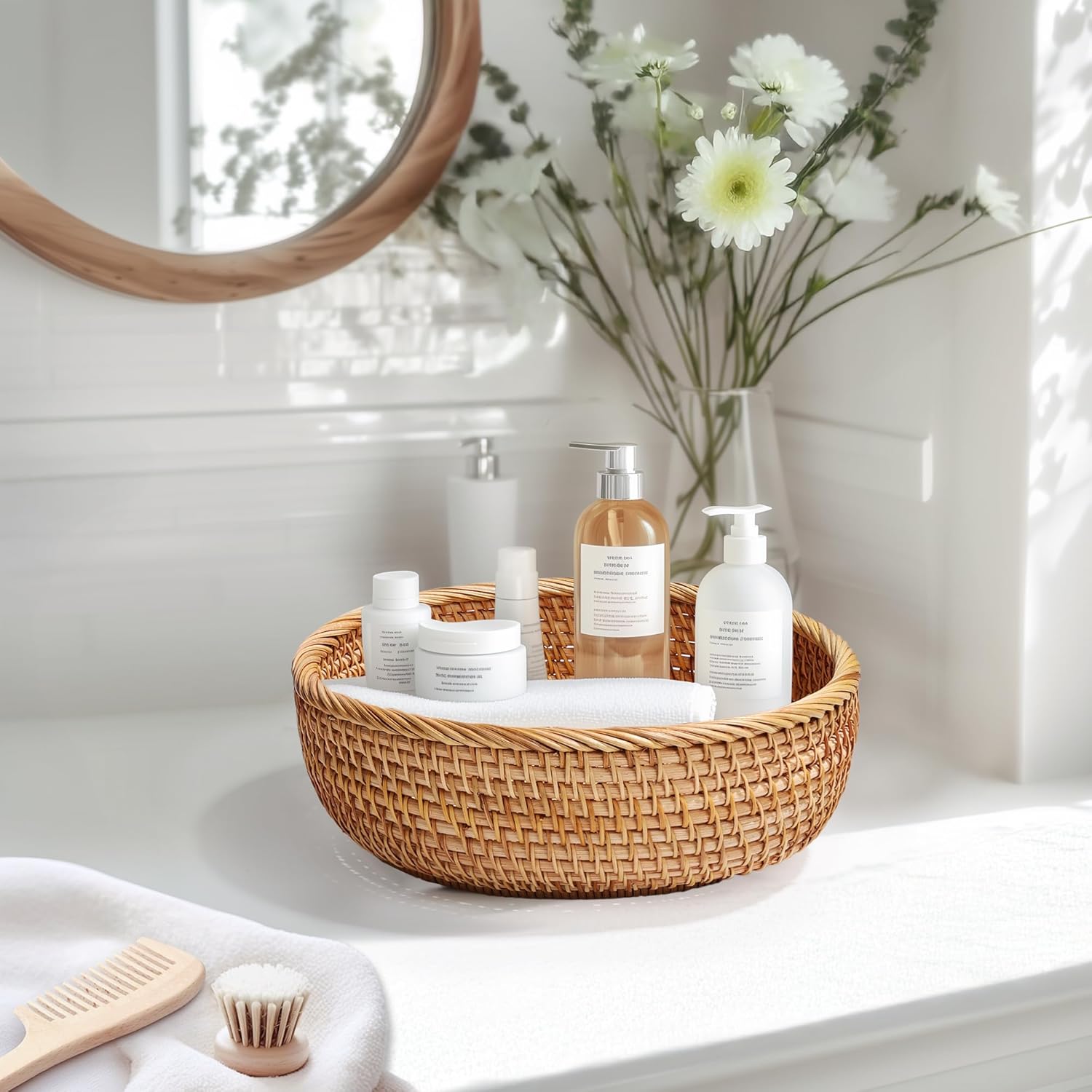 Honey Brown Natural Rattan Bread Basket Set of 3 - Handwoven Round Wicker Serving Bowls for Fruit, Snacks, Kitchen Counter Organizing | Stackable Farmhouse Decor MissFlowery