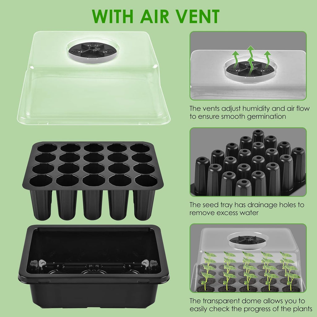 Seed Starter Tray with Grow Light, Seedling Starter Trays Kits Includes 20 Plant Sponges, Domes and Clear Cell Tray, 20 Cells Plant Trays for Plants Indoor & Greenhouse & Gardens MissFlowery