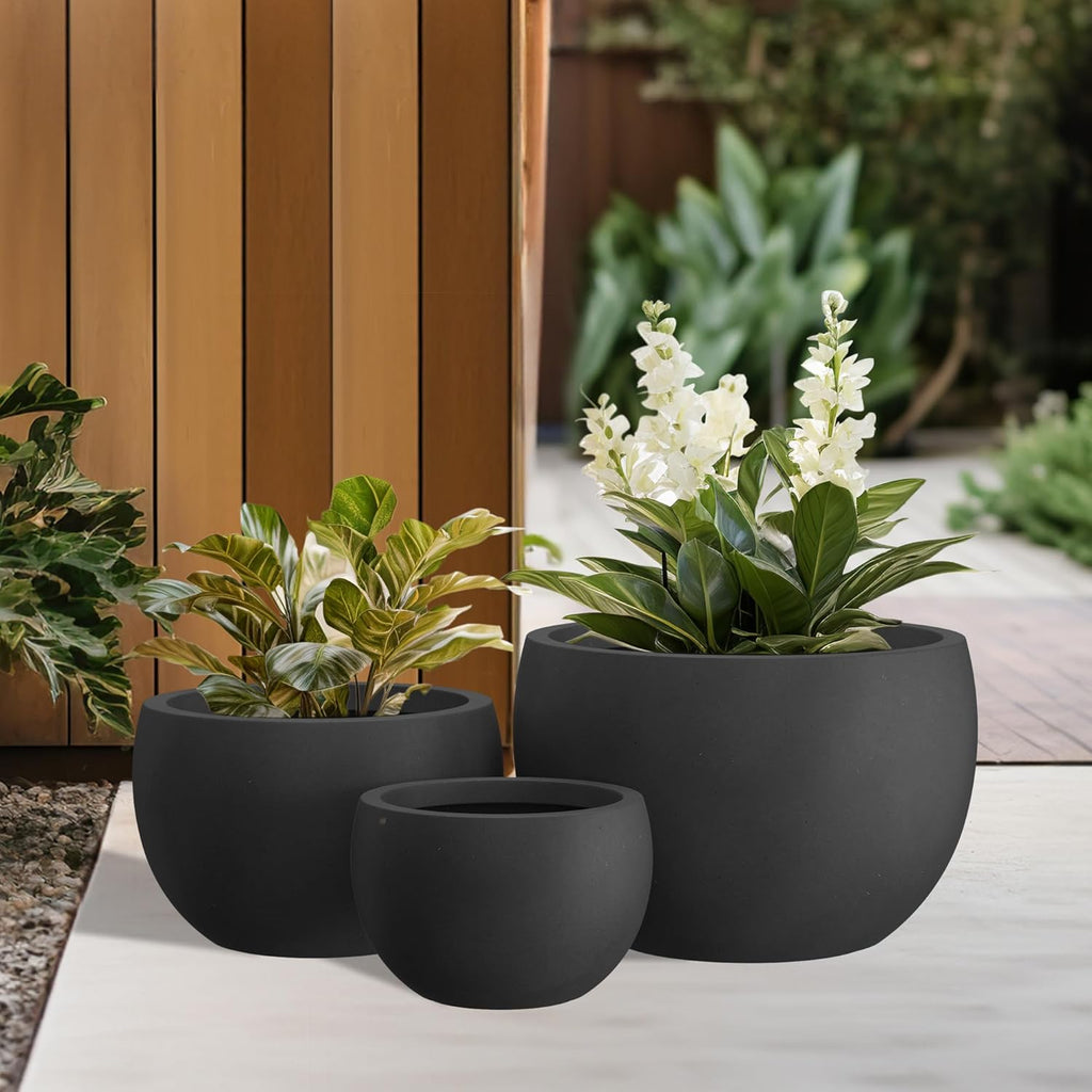 19.9",15.7",11.8" Dia Round Concrete Planter Set of 3, Outdoor/Indoor Large Bowl Plant Pots with Drainage Hole and Rubber Plug for Garden Patio Balcony Home, Black MissFlowery