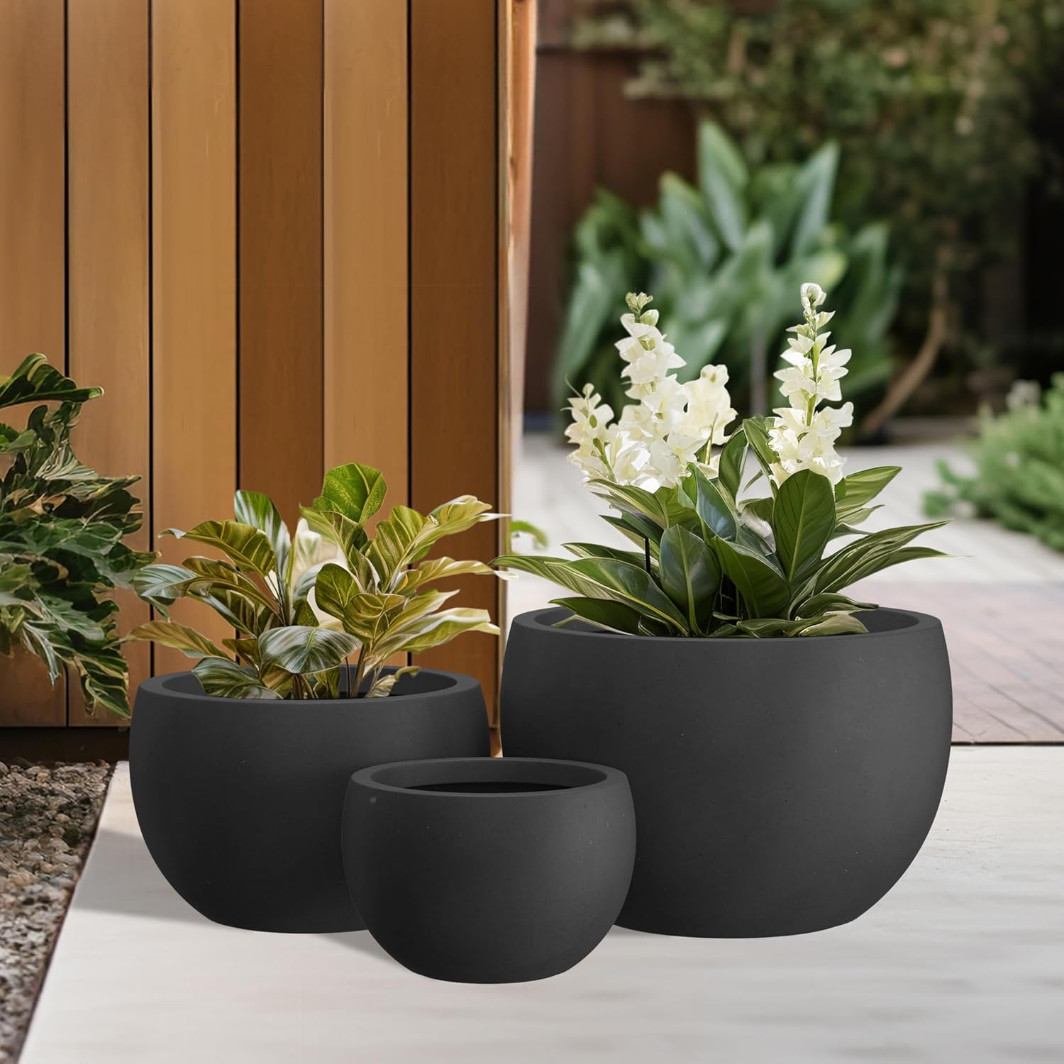 19.9",15.7",11.8" Dia Round Concrete Planter Set of 3, Outdoor/Indoor Large Bowl Plant Pots with Drainage Hole and Rubber Plug for Garden Patio Balcony Home, Black MissFlowery