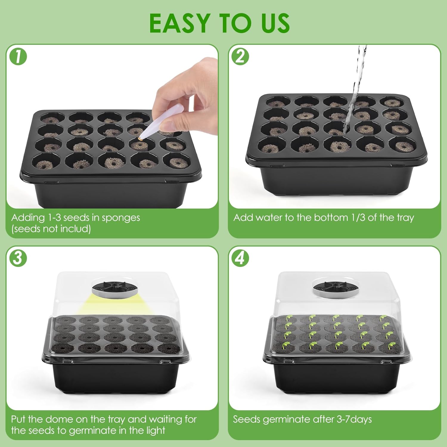 Seed Starter Tray with Grow Light, Seedling Starter Trays Kits Includes 20 Plant Sponges, Domes and Clear Cell Tray, 20 Cells Plant Trays for Plants Indoor & Greenhouse & Gardens MissFlowery