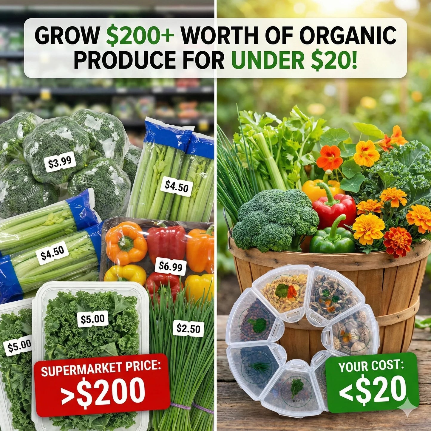 Miss Flowery comparison of supermarket produce prices vs. affordable homegrown organic vegetables from seed kit.