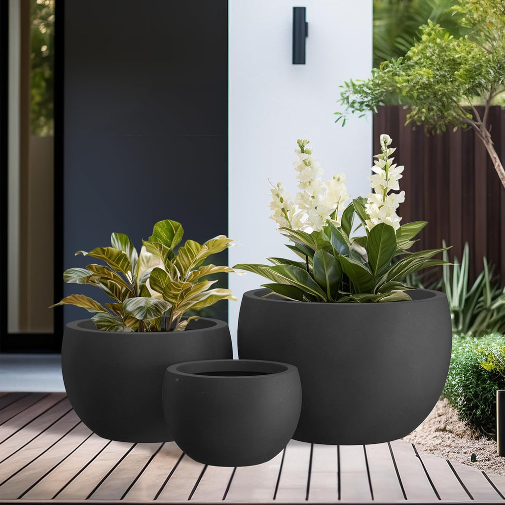 19.9",15.7",11.8" Dia Round Concrete Planter Set of 3, Outdoor/Indoor Large Bowl Plant Pots with Drainage Hole and Rubber Plug for Garden Patio Balcony Home, Black MissFlowery