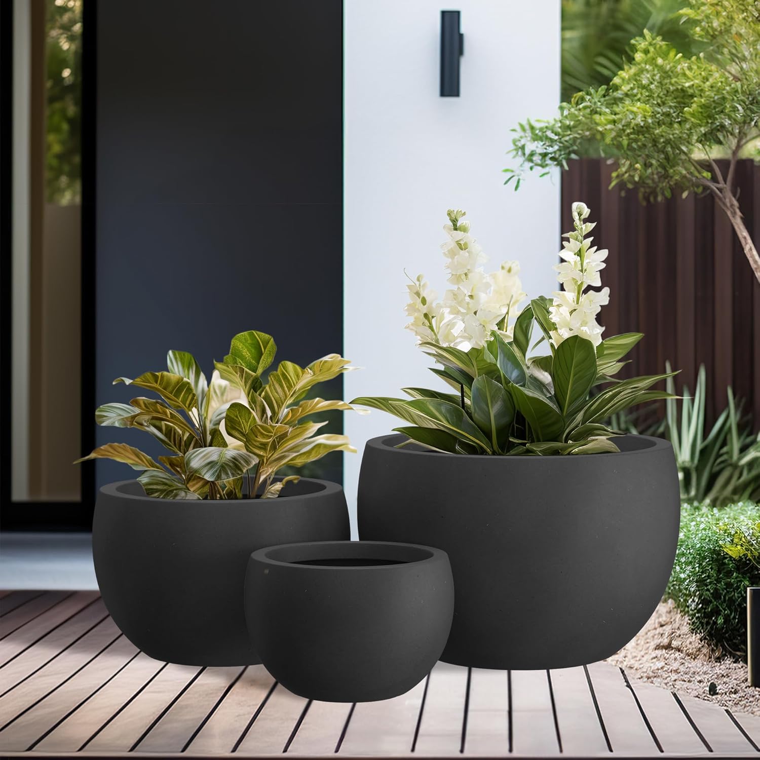 19.9",15.7",11.8" Dia Round Concrete Planter Set of 3, Outdoor/Indoor Large Bowl Plant Pots with Drainage Hole and Rubber Plug for Garden Patio Balcony Home, Black MissFlowery