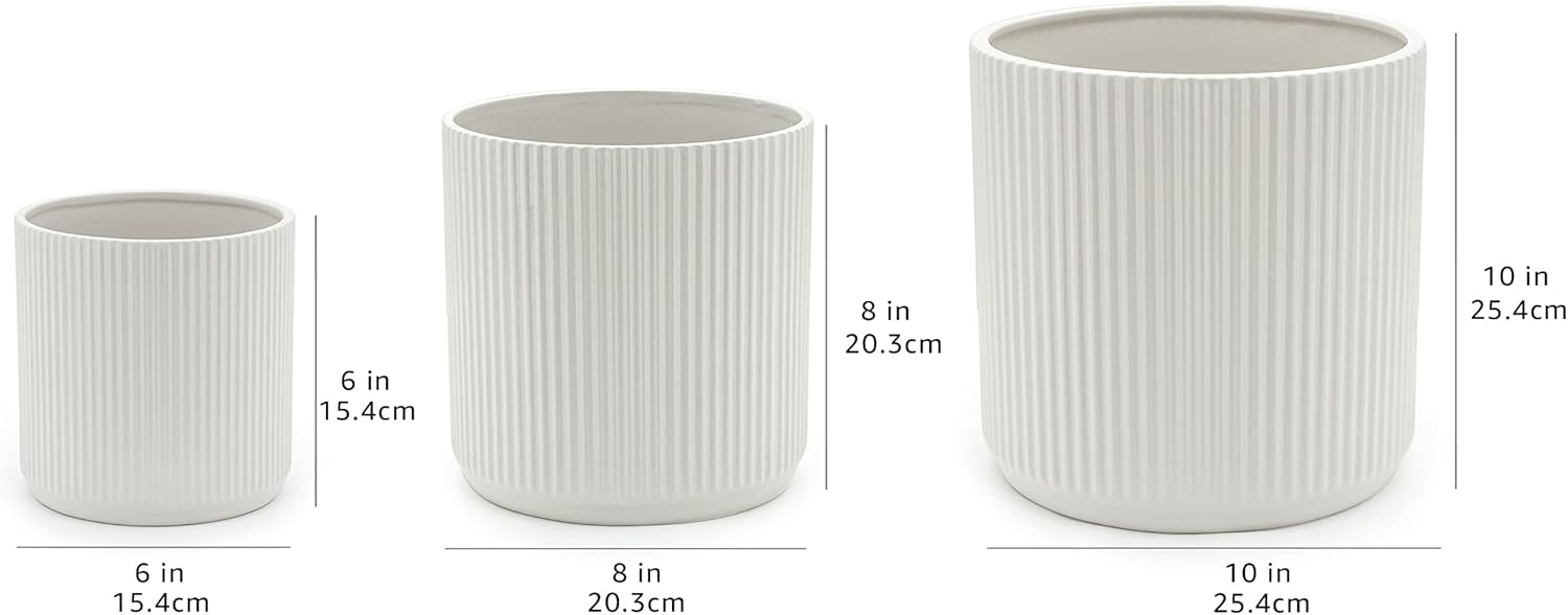 Basics Assorted Sizes Fluted Ceramic Round Indoor Outdoor Planters with Drainage, Set of 3, Modern Design, 6 inch, 8 inch, 10 inch, White MissFlowery