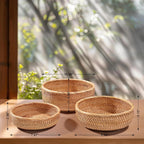 Honey Brown Natural Rattan Bread Basket Set of 3 - Handwoven Round Wicker Serving Bowls for Fruit, Snacks, Kitchen Counter Organizing | Stackable Farmhouse Decor MissFlowery