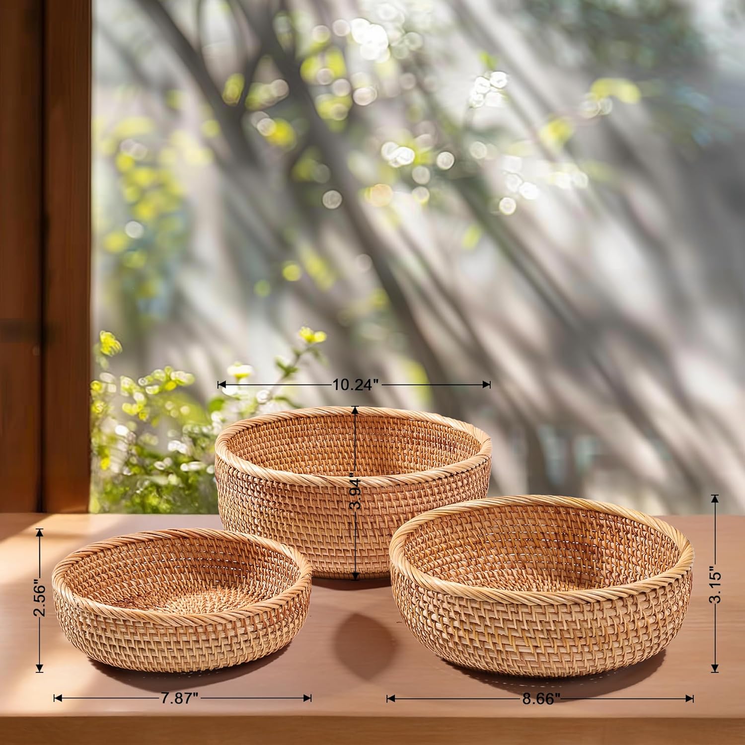 Honey Brown Natural Rattan Bread Basket Set of 3 - Handwoven Round Wicker Serving Bowls for Fruit, Snacks, Kitchen Counter Organizing | Stackable Farmhouse Decor MissFlowery