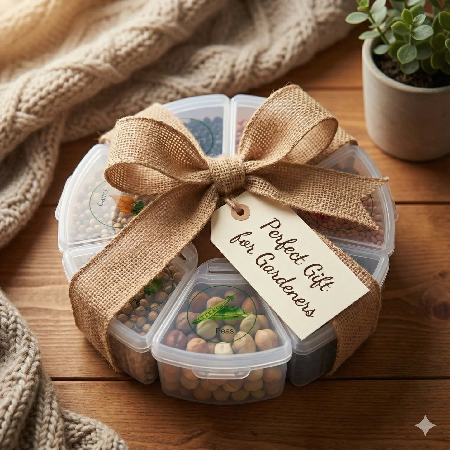 Miss Flowery seed kit gift set with burlap bow, labeled 'Perfect Gift for Gardeners,' on wooden table